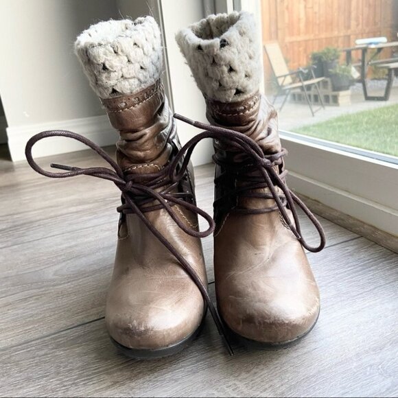 Vintage No Pulse Knit Cuff Lace Up Leather  Boots - Picture 3 of 14